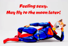 a dog dressed as superman laying on the floor with the words feeling sexy may fly to the moon later