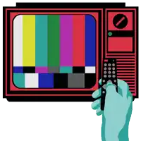 a hand is holding a remote control in front of a tv screen