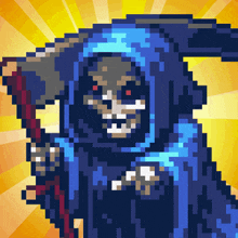 pixel art of a grim reaper with a blue hood