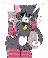 a drawing of a cat wearing striped socks and a bell around her neck