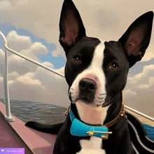 a black and white dog wearing a blue collar is sitting on a boat