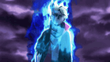 a cartoon character is surrounded by a blue flame