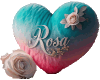 a blue and pink heart shaped pillow with the word rosa on it