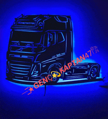 a drawing of a volvo truck with a blue background