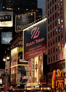 a billboard for rokhi token hangs above a mcdonalds