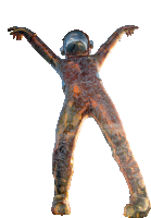 a statue of an astronaut with his arms outstretched against a white backdrop