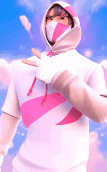 a person wearing a pink and white hoodie and a mask