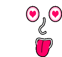 a cartoon face with heart shaped eyes and tongue sticking out