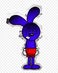 a blue cartoon bunny with red shorts and gloves