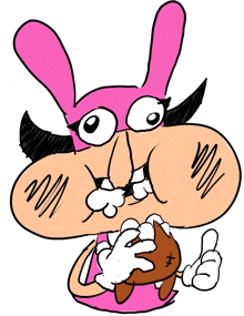 a cartoon character wearing a pink bunny mask is holding a cat