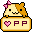 a pixel art illustration of a cat with a bow on its head sitting on top of a box .