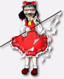 a girl in a red dress is holding a sword