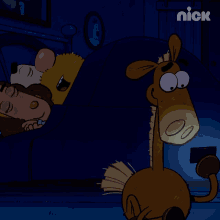 a cartoon of a horse holding a flashlight with the nick logo on the bottom