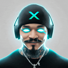 a man wearing headphones and a beanie with an x on the front