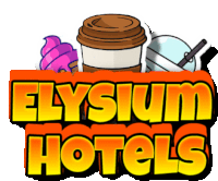 a logo for elysium hotels shows a cup of coffee ice cream and a milkshake