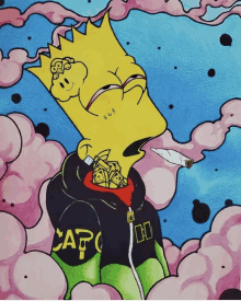 a painting of bart simpson smoking a cigarette and wearing a cape