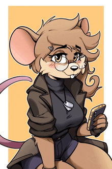 a cartoon drawing of a mouse wearing glasses and holding a cell phone