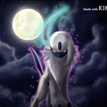 a pokemon is standing in front of a full moon in a dark sky .