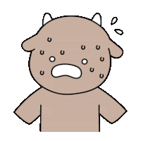 a cartoon drawing of a cow with sweat on its face