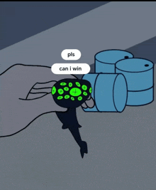 a cartoon of a hand holding a green object that says " pls can i win "