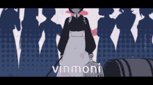 a girl in a maid outfit is holding a bird cage and the word vinmoni is on the bottom of the image