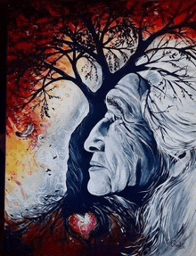 a painting of an elderly woman with a heart in her hand and a tree in the background