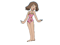 a girl in a pink swimsuit is standing with her arms outstretched on a white background