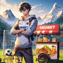 a man stands in front of a soccer goal next to a food cart that says ' sbobet ' on it