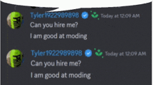 a screenshot of a conversation between tyler1922989898 and another person