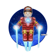 a cartoon of an older man dressed as iron man with a lego hat on