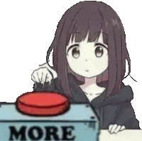 a girl is pressing a red button that says more .