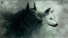 a painting of two wolves with red eyes and an x on the bottom right