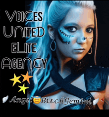 a poster for voices united elite agency features a woman with blue hair