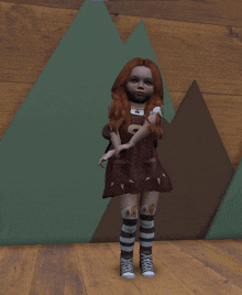 a little girl in a brown dress and striped socks