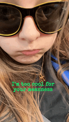 a girl wearing sunglasses says " i 'm too cool for your meanness " on the bottom