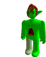 a green character with a surprised face on his face