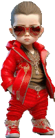 a little boy in a red jacket and sunglasses