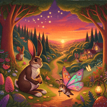 a painting of rabbits in a forest with a butterfly