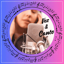 a picture of a woman singing into a microphone with the words voz & canto in the circle