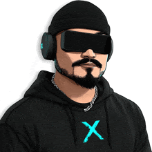 a cartoon of a man wearing headphones and a black hoodie with the letter x on it