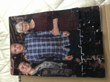 a puzzle has a picture of a family including an elderly woman