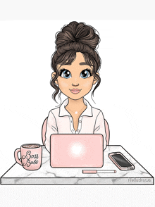 a cartoon drawing of a woman sitting at a desk with a laptop and a cup that says boss babe