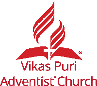 a logo for vikas puri adventist church with a cross on top of a bible