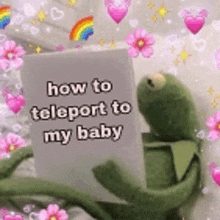 a kermit frog is holding a sign that says `` how to teleport to my baby '' .