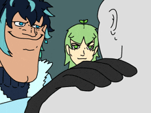 a cartoon drawing of a man and a girl with green hair