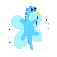 a cartoon drawing of a blue dinosaur holding a magic wand