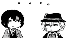 a black and white drawing of two anime characters wearing suits and hats .