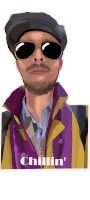 a drawing of a man wearing sunglasses and a purple jacket that says chillin ' on it