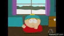 a cartoon character from south park is sitting in front of a window .