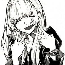 a black and white drawing of a girl with long hair smiling and holding a cell phone .